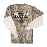 Camouflage long-sleeve shirt with white lining and text on a white background